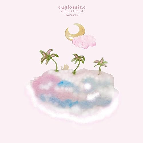 Painted clouds, plants, and a crescent moon on a pink background.