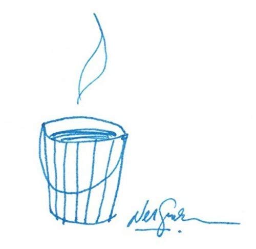 Blue line drawing of a cup with steam, and a signature.