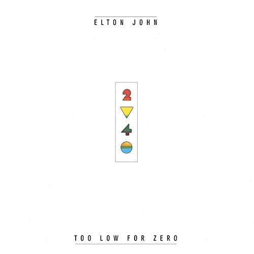 Elton John’s “Too Low For Zero” album cover with colorful geometric shapes.