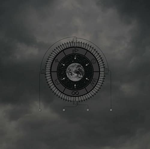 Dark album cover featuring a celestial globe within a complex mechanical dial.