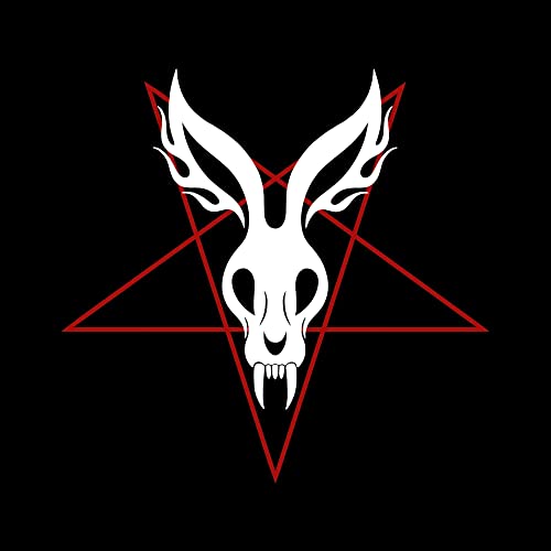 White rabbit skull with flames inside a red pentagram on black.