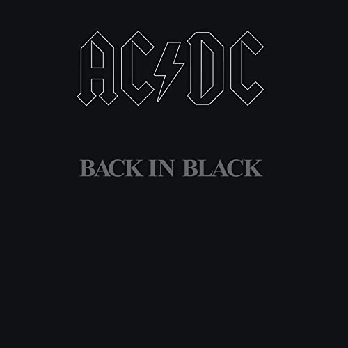 AC/DC “Back in Black” album cover, black background with white text.