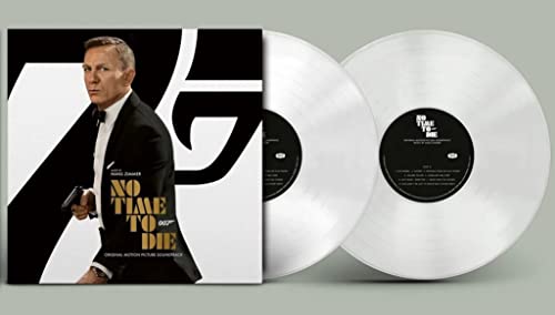 No Time To Die" soundtrack on white vinyl with cover art featuring Daniel Craig.