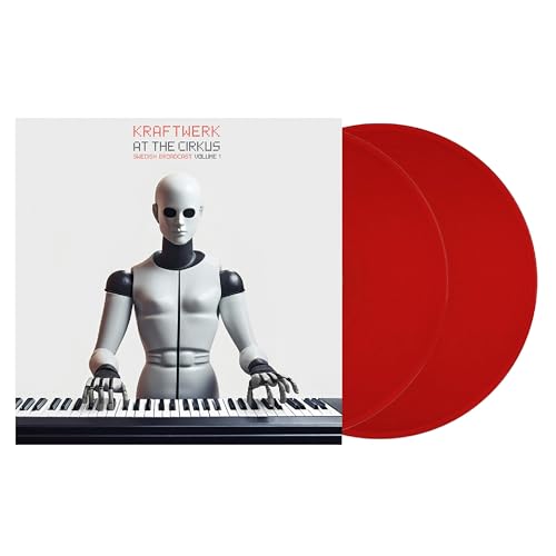 Kraftwerk album cover with robotic figure and two red vinyl records.