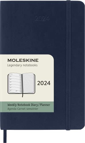 Moleskine Weekly Agenda with Space for Notes 12 Months 2024, Agenda 2024, Size Pocket 9x14, Soft Cover and Elastic Closure, Colour Sapphire Blue