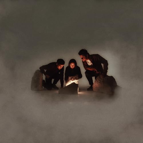 Dark album cover featuring three people gathered around a glowing light source.