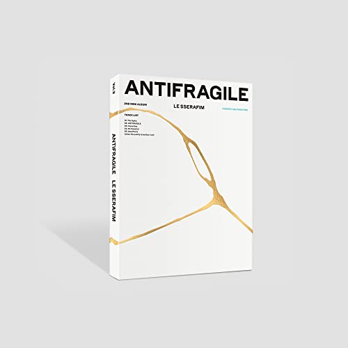 LE SSERAFIM "ANTIFRAGILE" CD case with gold crack design on white background.