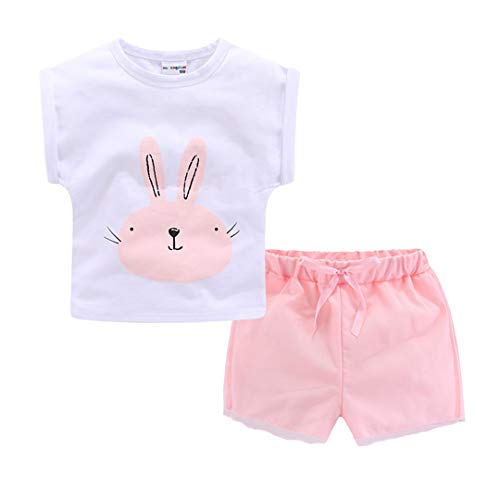 White t-shirt and pink shorts with a bunny face design.