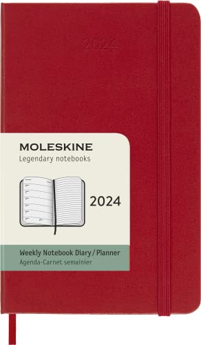 Moleskine Weekly Agenda with Space for Notes 12 Months 2024, Agenda 2024, Size Pocket 9x14, Hard Cover and Elastic Closure, Colour Scarlet Red