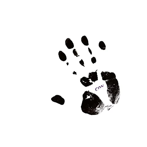 Black and white image of a handprint with "CON" text.