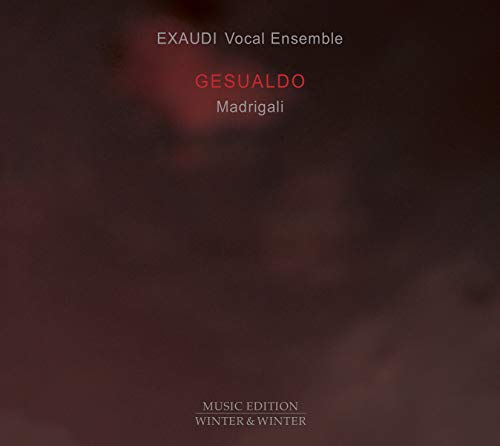 CD cover for Exaudi Ensemble’s “Gesualdo: Madrigali” with red text.