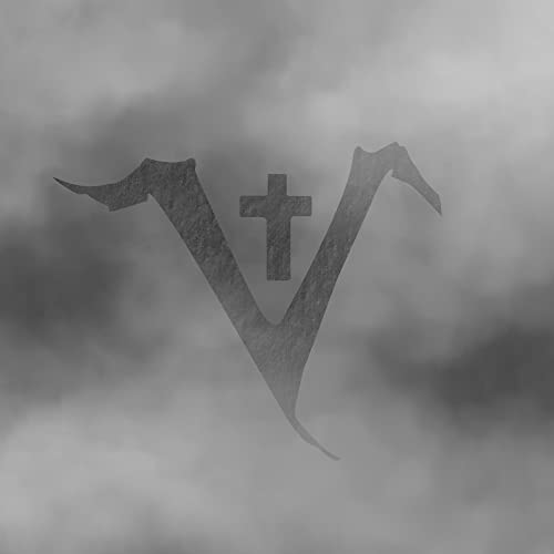 Black and white image of a cross within a stylized "V" shape.