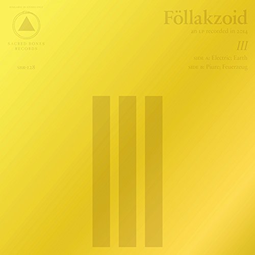 Yellow album cover for Föllakzoid’s “Iii” with three vertical lines.