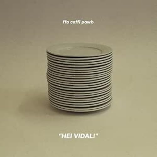 CD cover with a stack of white plates against a beige background.