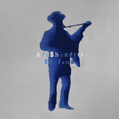 Blue silhouette of a man playing a wind instrument, album cover.