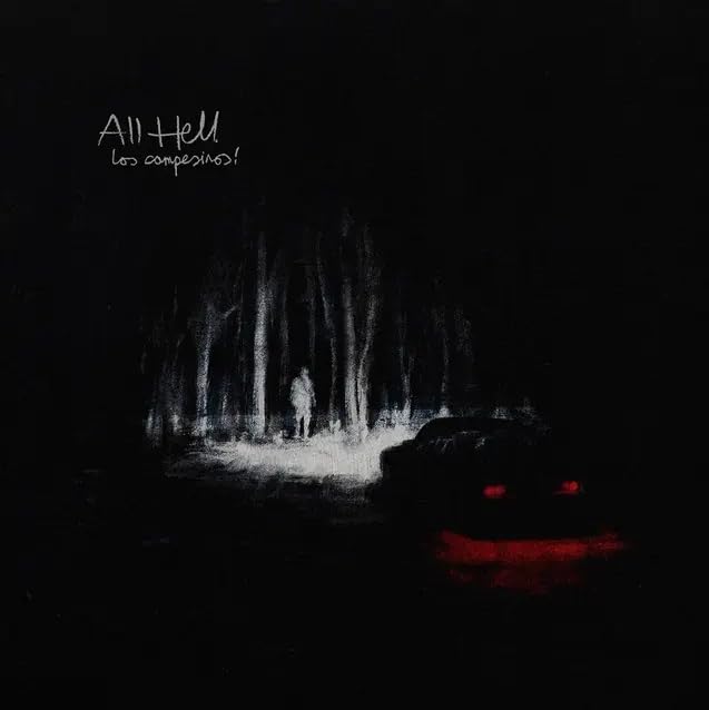 Dark forest scene with figures, album cover for Los Campesinos! "All Hell".