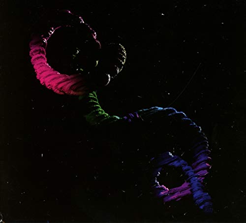 Dark abstract image of a coiled, textured snake in neon colors.