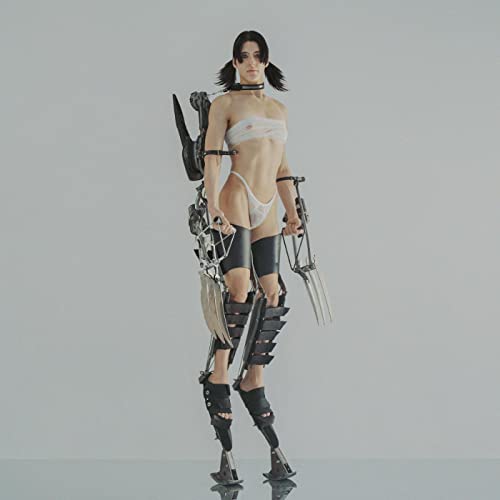 Woman in white lingerie with mechanical leg braces, gray background.
