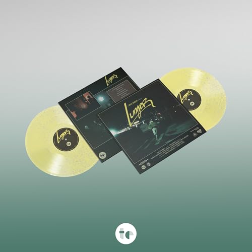 Yellow glitter vinyl record with black album cover, featuring a person.
