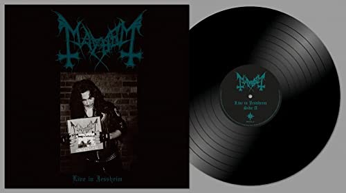 Mayhem "Live in Jessheim" vinyl record with black cover and label.