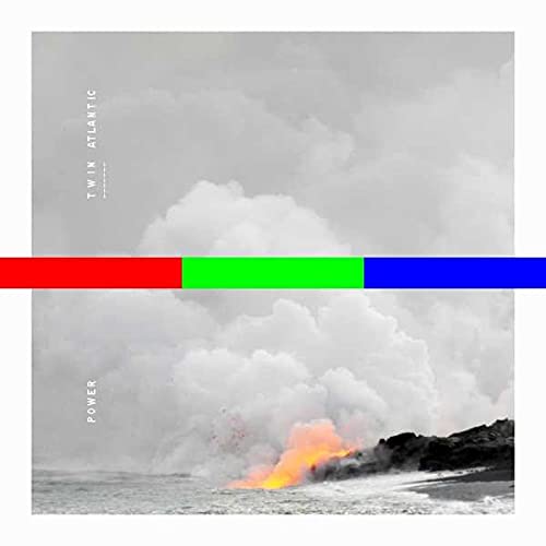 Album cover for Twin Atlantic’s “POWER” with volcanic landscape and color bands.