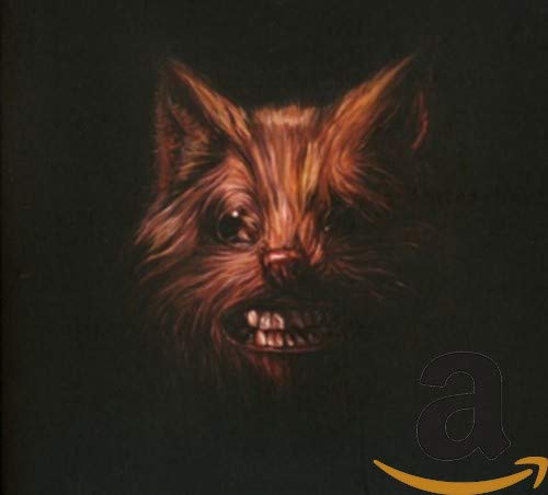 A dark, painterly portrait of a furry, animal-like creature with bared human-like teeth.