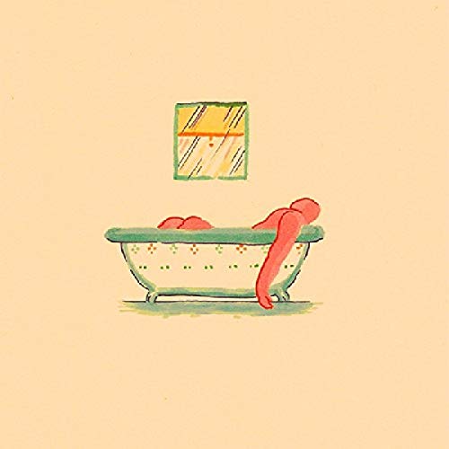 Hand-drawn illustration of a bathtub with red figures, pale yellow background.