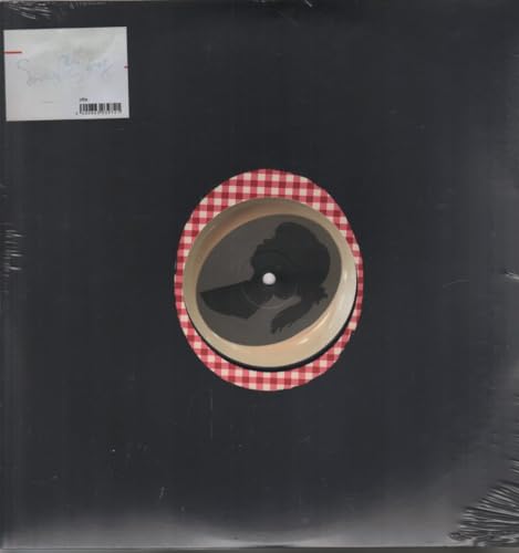 Black vinyl record in a red and white checkered circular cutout.