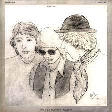 Pencil sketch of three men, one wearing a bowler hat, on a record cover.