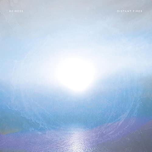 Album cover for Heiress’ “Distant Fires” with a bright sun over water.