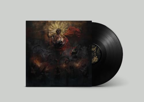 Vinyl record with cover art depicting a figure in a fiery landscape.