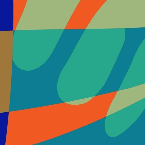 Abstract vinyl record cover with overlapping teal, orange, and blue shapes.