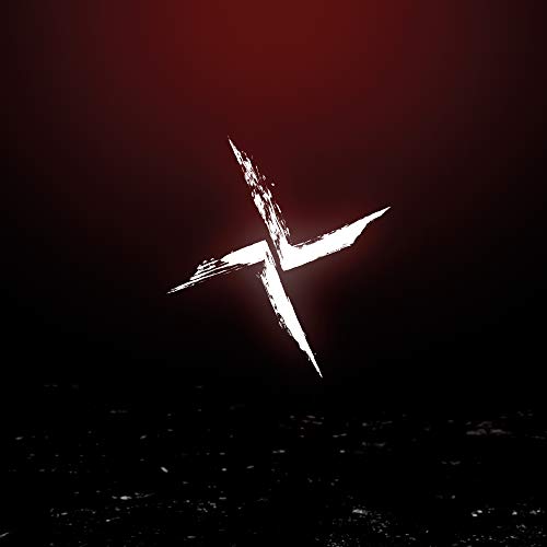 White abstract brushstroke star shape centered on a dark red and black background.