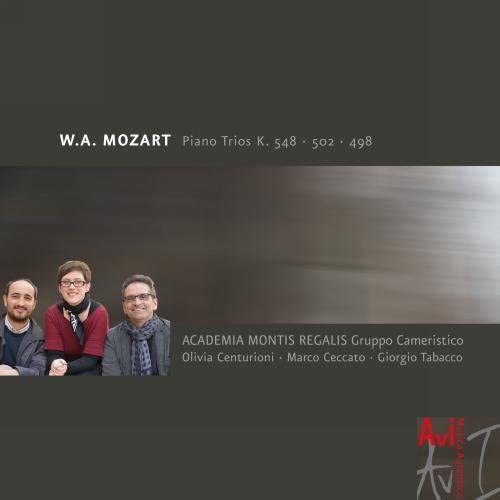 CD cover featuring three musicians and text: Mozart Piano Trios.