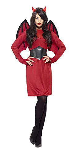 Smiffys Adult Women's Economy Devil Costume, Dress, Wings, Belt and Horns, Legends of Evil, Halloween, Size M, 43730