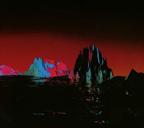 Abstract landscape of jagged peaks in red, blue, and black tones.