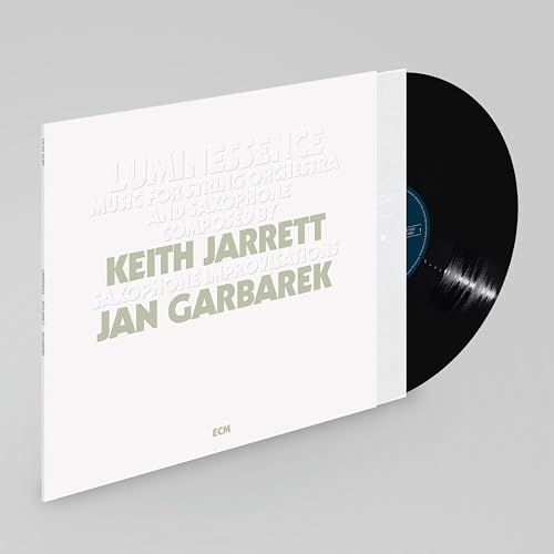 Vinyl record sleeve for Luminessence by Keith Jarrett and Jan Garbarek with exposed black disc.