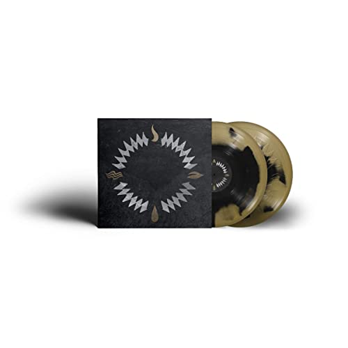 Vinyl record jacket and two black and gold marbled vinyl discs.
