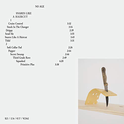 CD cover for No Age's "Snares Like A Haircut" with a knife and fruit.
