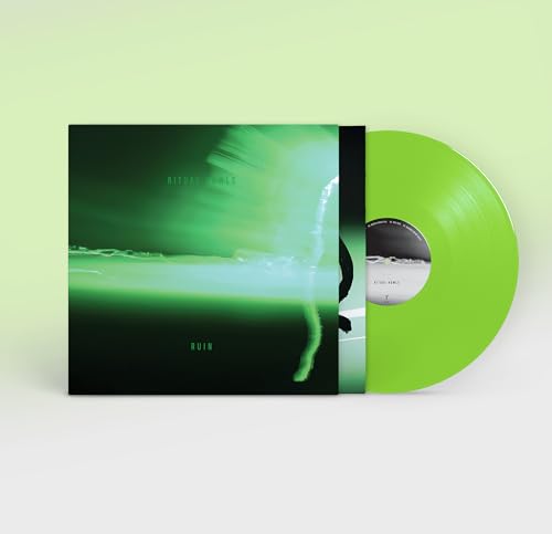 Neon green vinyl record and album cover with abstract green design.