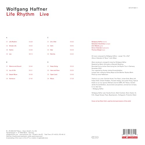 Vinyl record cover for Wolfgang Haffner’s “Life Rhythm Live” with tracklist.