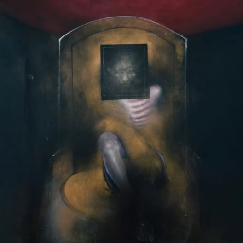 Dark, painted image of a figure within a tomb-like structure.