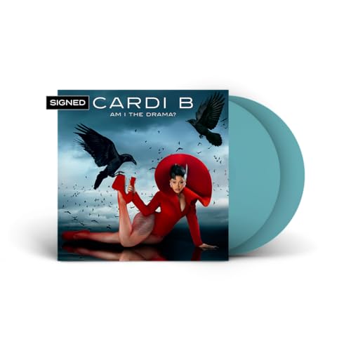 Cardi B album cover with blue vinyl records, featuring birds and red outfit.