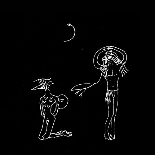 Black background with white line drawing of two figures and a crescent moon.