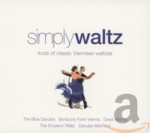 CD cover: “Simply Waltz” with dancers and blue flowing fabric.