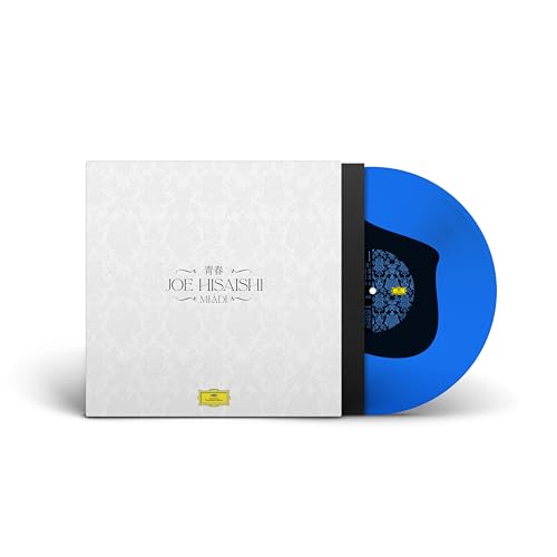 Blue vinyl record and white album cover with Japanese text.