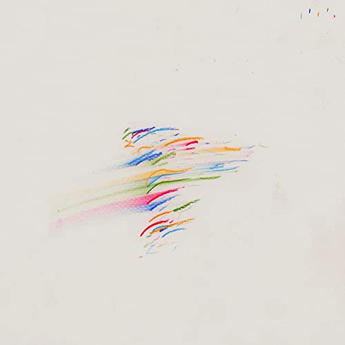 Colored pencil scribbles in a central cluster on a plain white background.