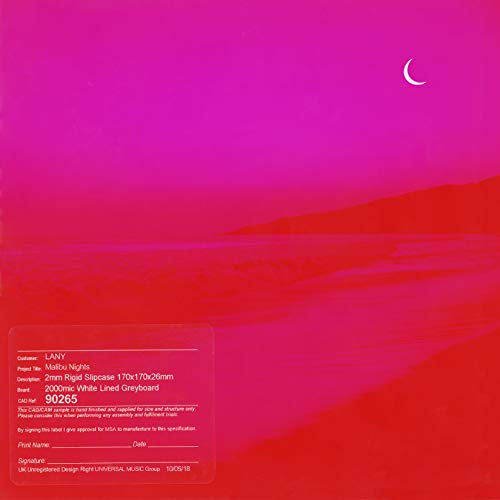 Pink and red album cover for LANY’s “Malibu Nights” with a crescent moon.