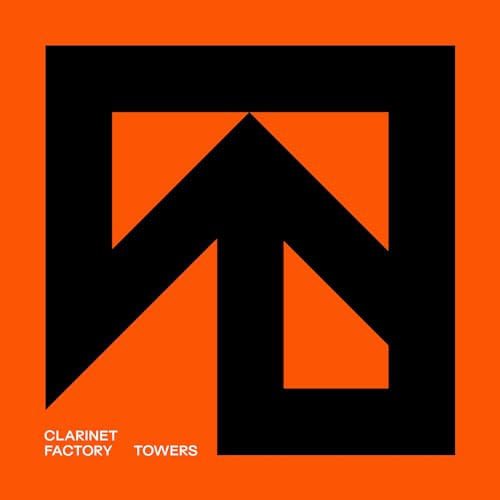 Orange album cover with a black abstract arrow-like tower design.