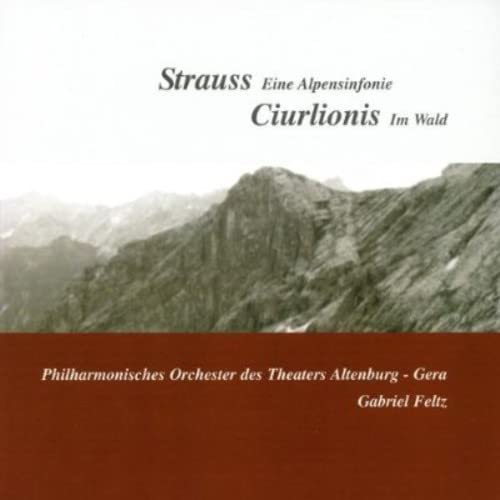 CD cover: mountain landscape with text naming composers Strauss and Ciurlionis.
